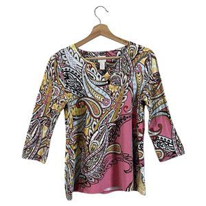 Chicos Paisley Easy Tee Size 0 Small Notch Split V Neck Multi Bold Print Top